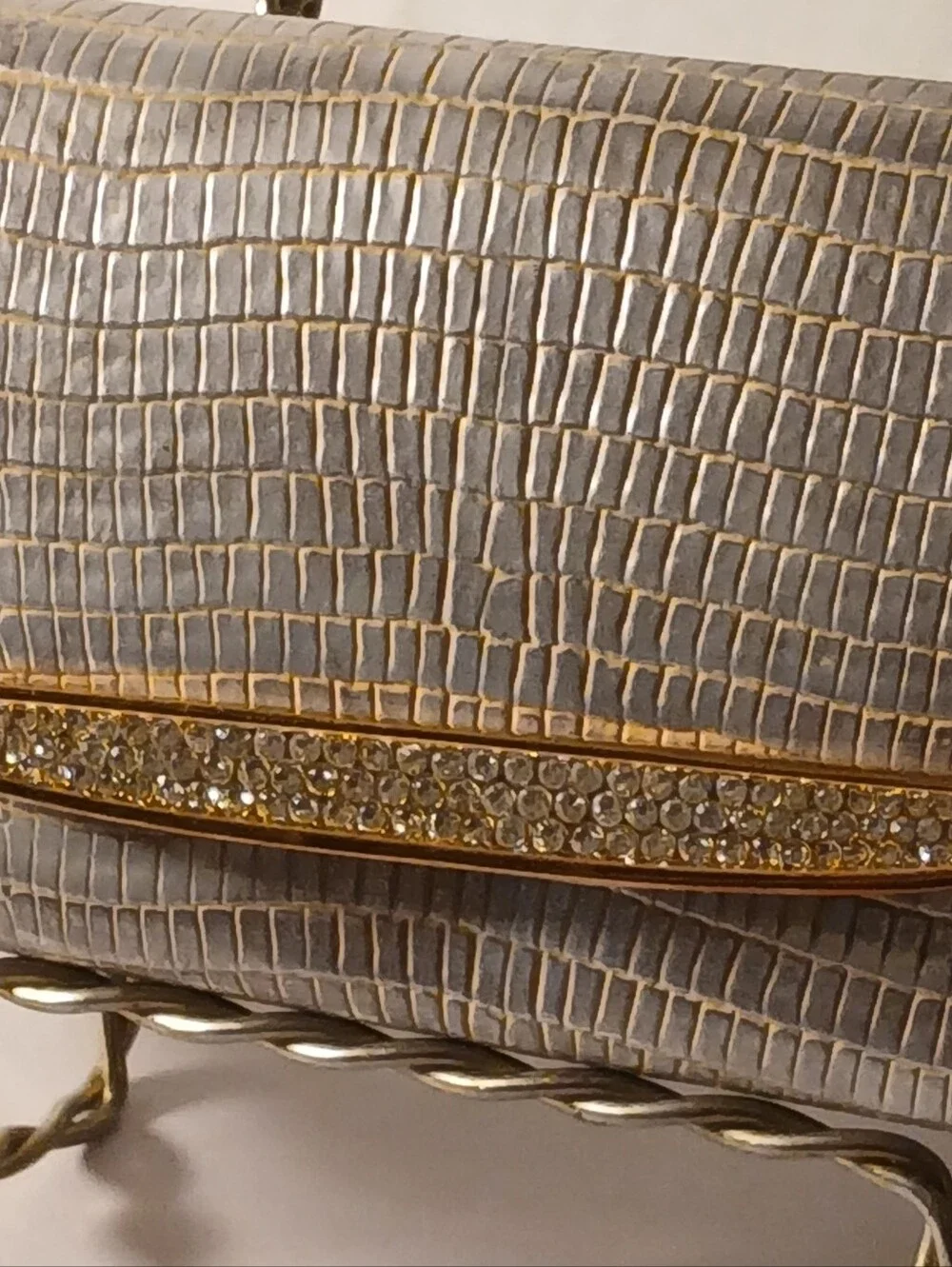 Judith Leiber Metallic Gold Lizzard Embossed Leather  Crystal Evening Clutch